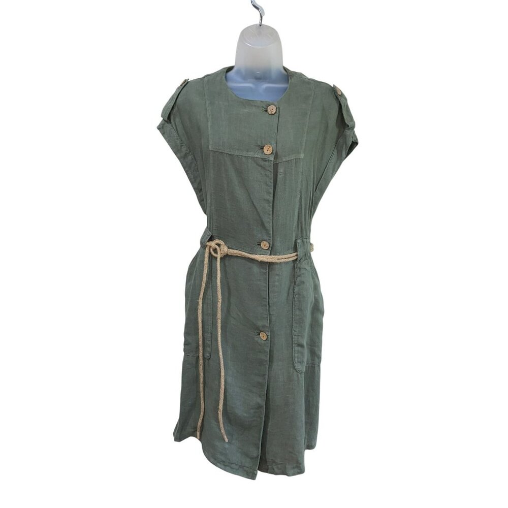 Zara Olive Green Linen Belted Button-Front Dress Short Sleeves Casual Style Made